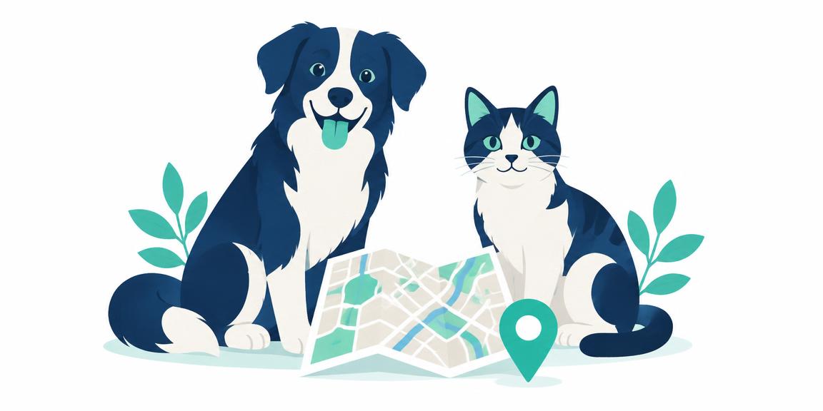Perro y gato junto a un mapa